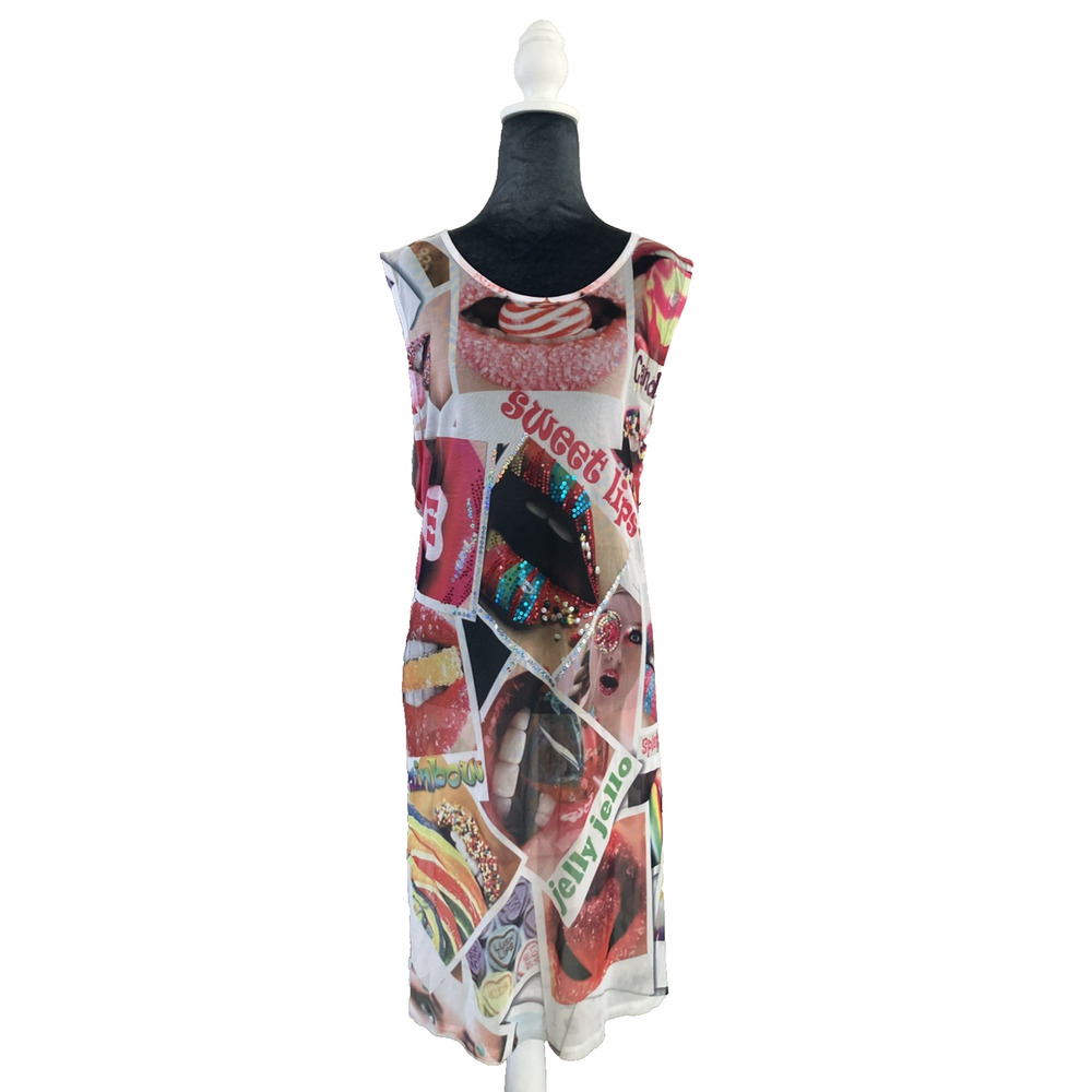 VTG Y2K CLEO Apparel Dress Candy Sprinkles Sweet Lips Sheer Glitter Lollipop 2XL